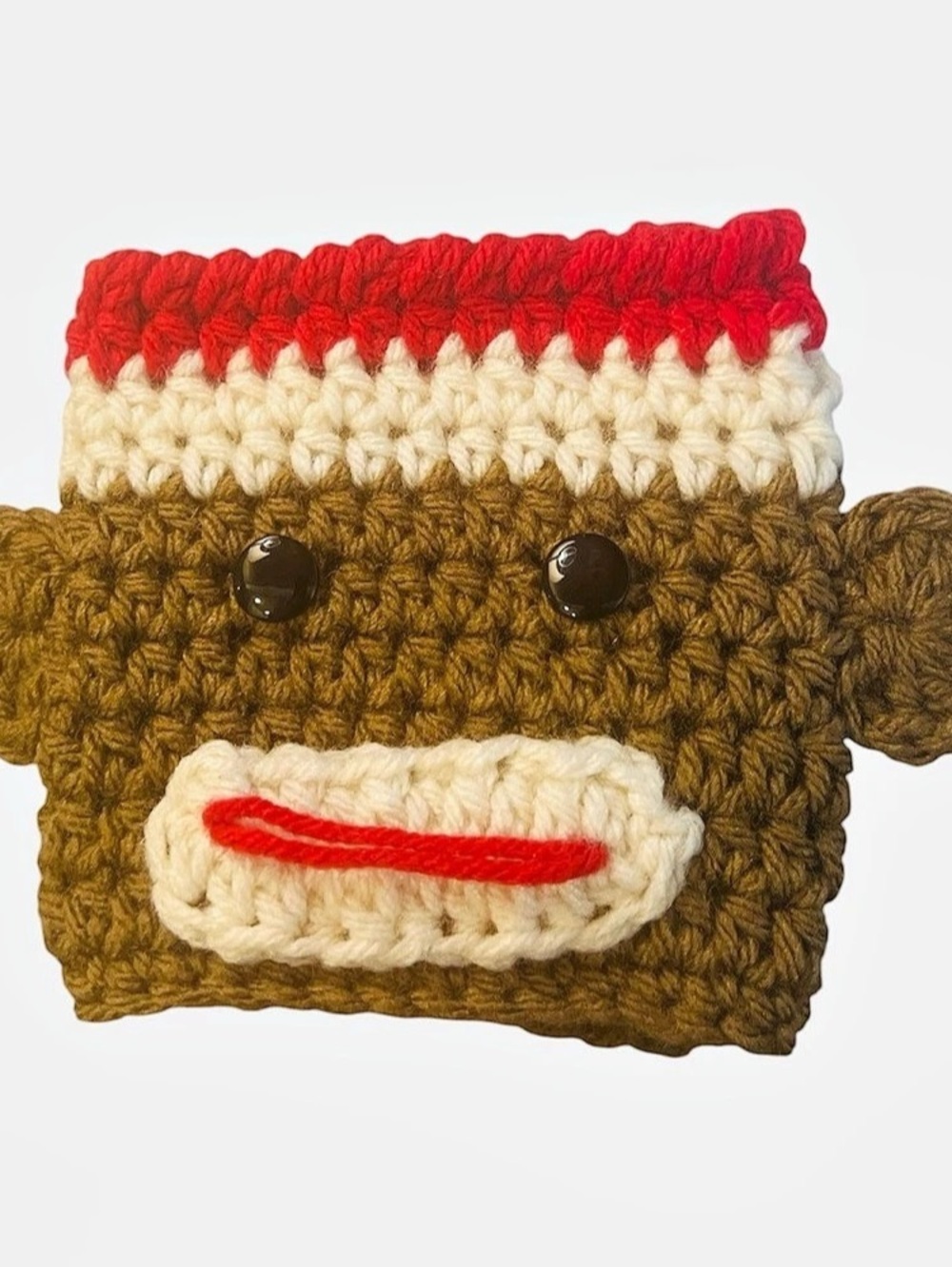 Hand Crocheted Sock Monkey Coffee Cozy Brown Red Cream New